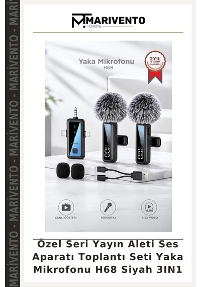 Özel Seri Yayın Aleti Ses Aparatı Toplantı Seti Yaka Mikrofonu H68 Siyah 3ın1