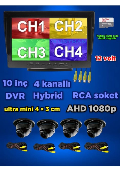 Dvr 10'' Ekran + 4 Ad Ahd 1080p Ultra Mini Kamera Seti 150'' Lens