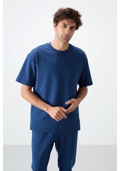Tommy Life Parlament Pamuklu Kalın Yumuşak Dokulu Oversize Fit Basic Erkek Eşofman Takım - 85251 Mavi