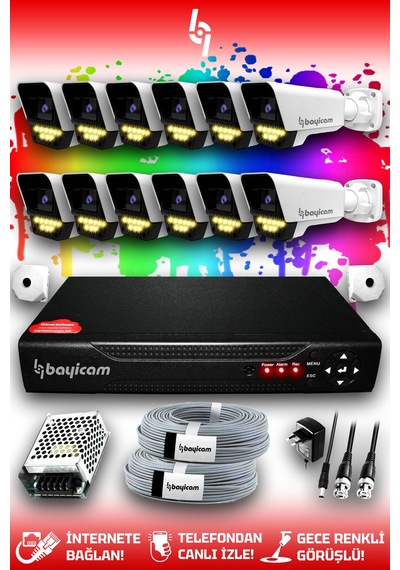 Bayicam 12 Kameralı Süper 12 Dış Kamera Set HDD'siz 5 MP 2K Renkli Gece Görüşlü Güvenlik Kamerası Sistemi