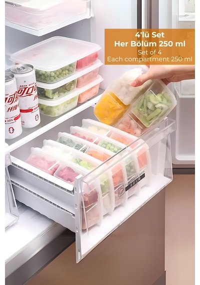 4 Bölmeli Buzdolabı Organizeri 1 Lt, Friz Düzenleyici, 4'lü Set Desenli