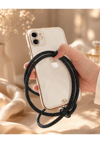 Siyah Taşlı Telefon Boyun Askısı Kristal Taşlı Şık Boyun Askısı