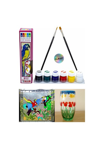 6 Renk Cam Boyası Boya Seti İpek Fırçalı Set 6x20ml Çok Renkli
