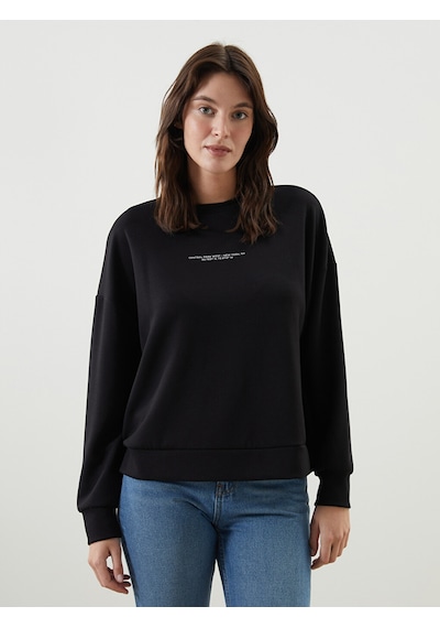 Lcw Vision Siyah Bisiklet Yaka Baskılı Oversize Kadın Sweatshirt