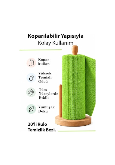 20 Li Rulo Mikrofiber Temizlik Bezi 25x30 Cm Yıkanabilir Kopart Kullan Süper Emici İz Bırakmaz Yeşil