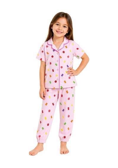 Harıbo Haribo Lisanslı Gömlek Yaka Kısa Kollu Desenli Pijama Takımı Pembe