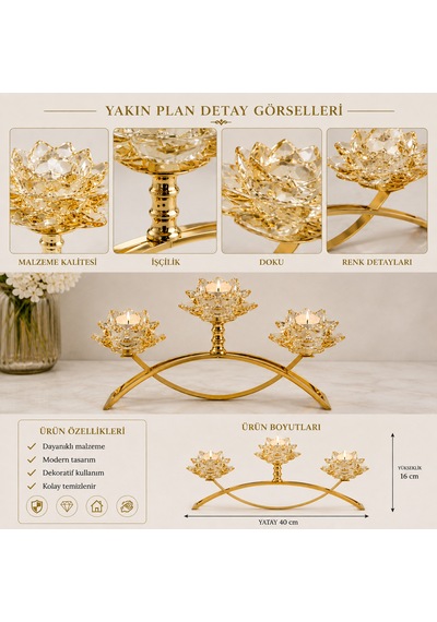 Altın Lotus 3 Saplı Kristal Cam Mumluk Dekoratif Şamdan Amber - Gold