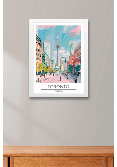 Toronto Kanada Temalı Çerçeveli Tablo Travel Serisi Modern İllüstrasyon Şehir Duvar Dekoru Beyaz
