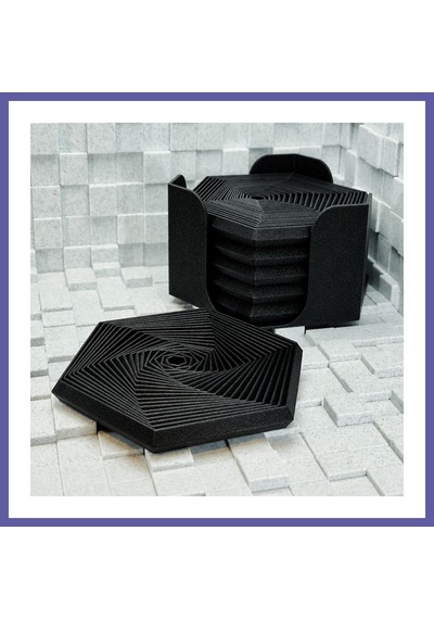 Bezos 3d Baskı Super Fidget Coaster Seti - Altıgen Desenli Bardak Altlığı Ve Tutucu-siyah Nıda