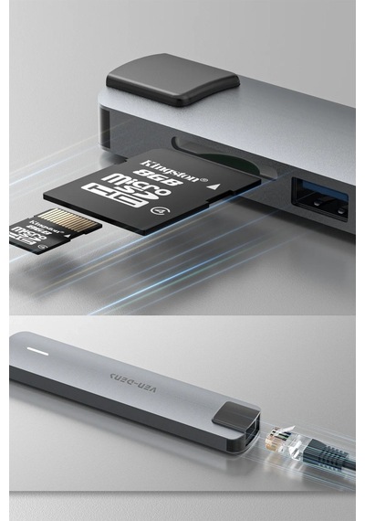 Ven-dens Vd-adp020 8 İ 1 Arada Usb-c Hub Adaptör, 4k 30 Hz Hdmı, 90 W Pd, Usb 3.0, Rj45, Gri