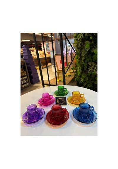 Renkli Cam Fincan Takımı, 6 Kişilik 12 Parça, Renkli Çay Seti, Espresso Takımı, 6 Renkli Fincan Çok Renkli