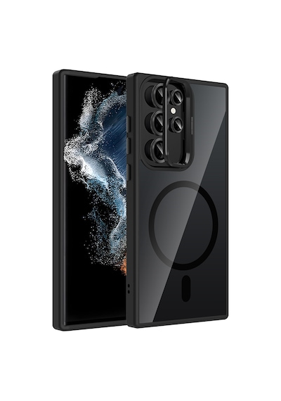 Galaxy Uyumlu S22 Ultra Kılıf Standlı + Kamera Lens Koruma Setli M-safe Şarj Özellikli Mkst Siyah Siyah