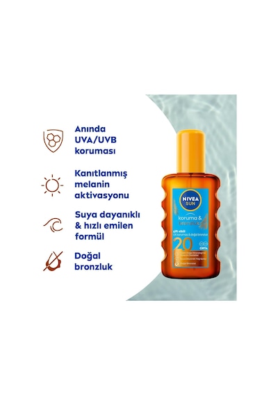 Nıvea Sun Spf20 Güneş Koruyucu Ve Bronzlaştırıcı Vücut Sprey 200ml,suya Dayanıklı, Doğal Bronzluk, Uva Uvb
