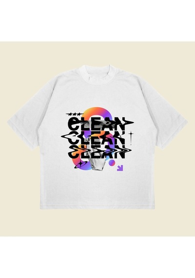 Startmore Clean Baskılı Oversize Unisex Pamuklu Nefes Alan Kalın Kumaşlı Beyaz