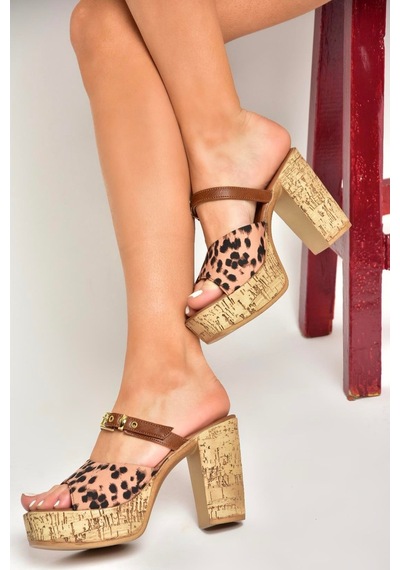 Fox Shoes U996254404 Taba Leopar Desenli Kalın Topuklu Kadın Ayakkabı Taba