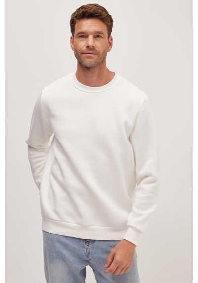 Tudors Unisex Relax Fit Rahat Kesim Pamuklu Yumuşak Dokulu İçi Polarlı Beyaz Bisiklet Yaka Sweatshirt-37292 Beyaz