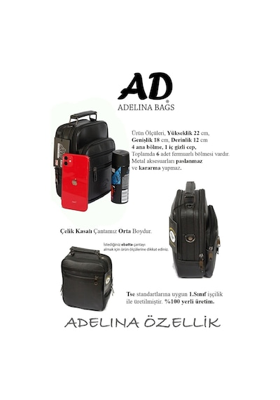 Adelina Bags Adelina Erkek Siyah Deri Çelik Kasalı El Ve Omuz Çanta