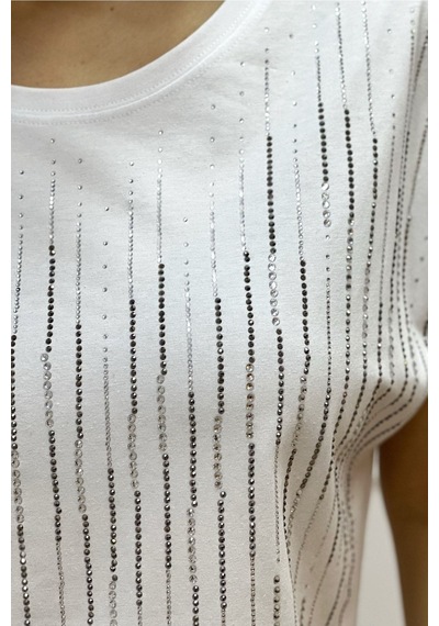 Rich Glam Bol Kesim Bisiklet Yaka Büyük Beden Crystal Taşlı Kadın T-shirt Beyaz