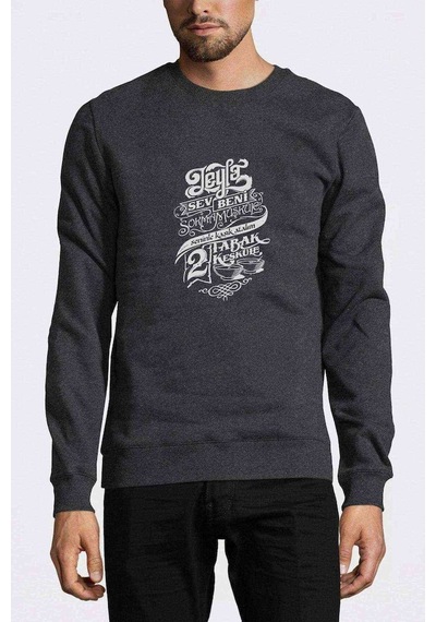 Leyla Sev Beni Baskılı Füme Antrasit Erkek Örme Sweatshirt