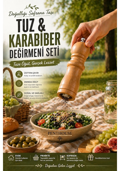 Doğal Bambu Tuz & Karabiber Değirmeni Seti Manuel Öğütücülü Şık Mutfak Seti 2 Li Standlı Açık Bej