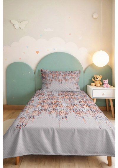Etnik Modern Gri Genç Odası Tek Kişilik Pike Takımı - Mavi Turuncu 160x220 Cm Kapitone Yatak Örtüsü Masalsı Masal Kokusu
