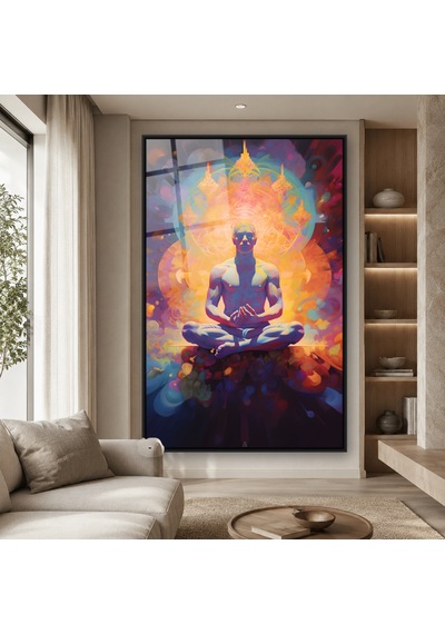 Renkli Aurada Lotus Meditasyonu Siyah Çerçeveli Cam Tablo