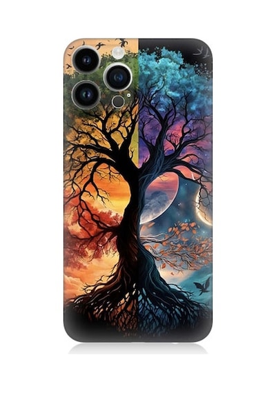 Apple Uyumlu iPhone 13 Pro Max Dört Mevsim Gece Gündüz Ağaç Desenli Silikon Kılıf