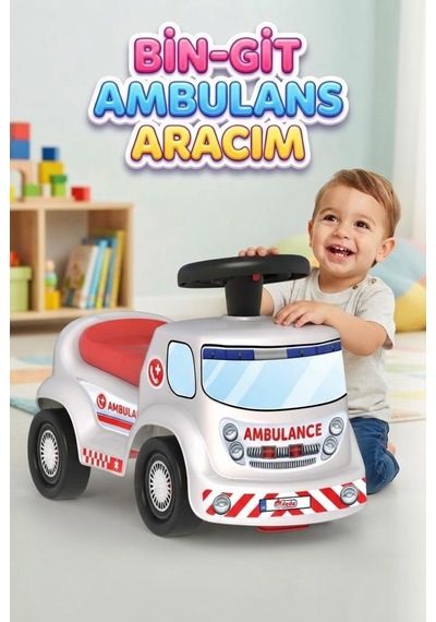 Kornalı Bin-git Ambulans Aracı Eğlenceli İlk Sürüş Deneyimi Eğitici Öğretici Oyuncak 55 Cm Beyaz