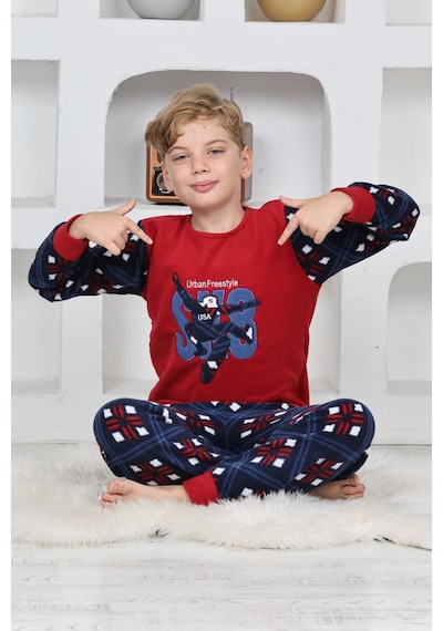 Yeni Sezon Sonbahar/kış Erkek Çocuk Skate 8 Desenli Polar Pijama Takımı 4536 Kırmızı