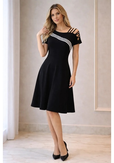 Meridefashion Omuz İp Detaylı Siyah Midi Elbise Zarif A Kesim Kadın Elbise 2xl/3xl