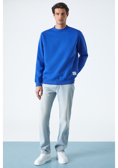 Grimelange Travıs Erkek Yumuşacık Kumaşlı Regular Fit Yuvarlak Yakalı Saks Mavi Sweatshirt