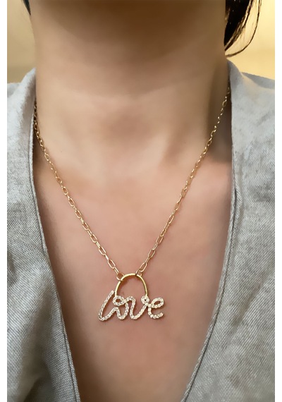 Love Yazılı Zirkon Taşlı Kolye Altın