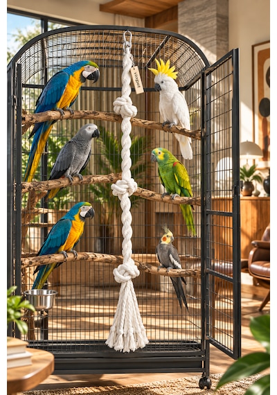 Vixpet Büyük Irk Papağan Tırmanma Halatı Uzunluk 90 Cm - Çap 30 Mm %100 Doğal Pamuk Halat Kafes Oyuncağı Stres Halat Macaw Kakadu Jako Amazon Eklektus Kayık Sultan