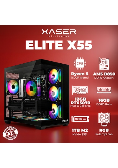 Xaser Elite X55 Ryzen 5 7500f 16gb Ddr5 Ram 1tb M.2 Nvme Ssd 12gb Rtx5070 Masaüstü Oyuncu Bilgisayarı 007