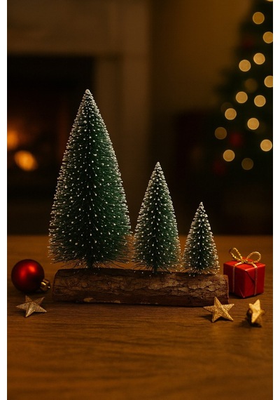 Hoşgeldin Yeni Yıl 3 Lü Mini Kar Efektli Ahşap Kütük Üstünde Mini Noel Çam Ağacı Seti 16 11 10 Cm 16 CM