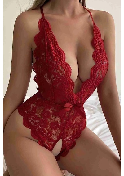 New Dreams Modern Göz Alıcı Dantelli Siyah Jartiyer Gecelik Kombin Set Kırmızı