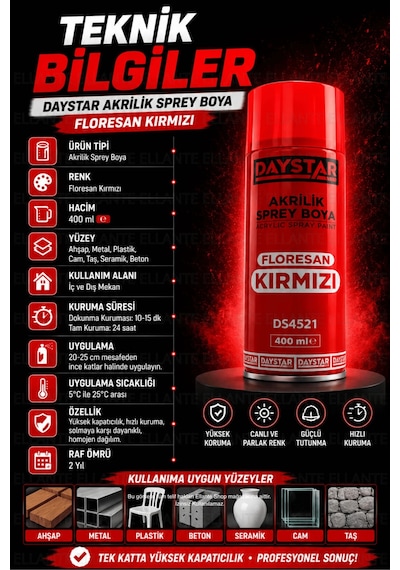 Daystar Floresan Kırmızı Akrilik Sprey Boya 400 Ml Hızlı Kuruyan Çok Amaçlı Metal, Ahşap, Plastik Çok Renkli
