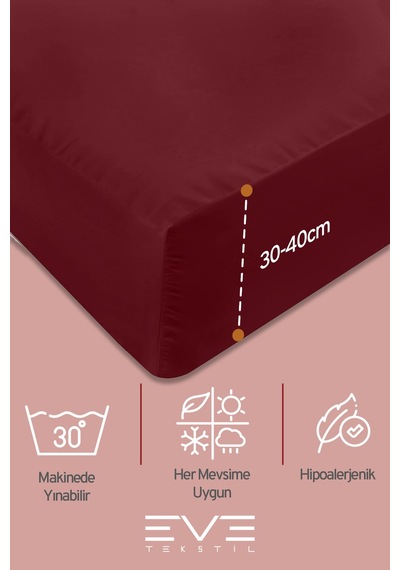Eve Tekstil Pamuklu Çift Kişilik Rainforce Kumaş Lastikli Çarşaf Ve Yastık Kılıfı Set Bordo