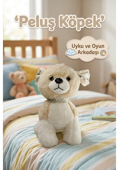 Peluş Köpek Oyuncak - 23 Cm Pullu Detaylı Uyku Ve Oyun Arkadaşı Krem