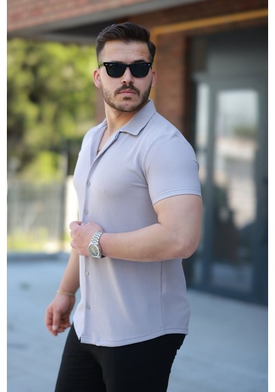 Oada Erkek Ottoman Kumaş Apaj Yaka Kısa Kollu Gömlek Gri