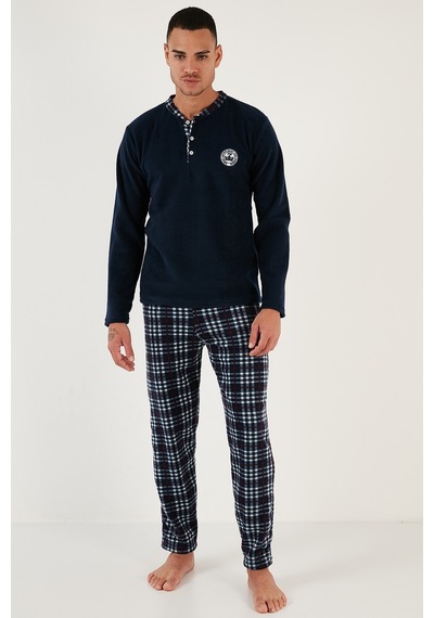 Buratti Ekoseli Regular Fit Düğmeli Bisiklet Yaka Kışlık Polar Erkek Pijama Takımı 60961002 Lacivert