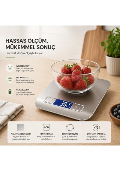 Healtcare Dijital Mutfak Terazisi - Paslanmaz Çelik Yüzeyli Hassas Mutfak Tartısı - Dara İşlevi, Led Ekran, 5 Biri Diğer