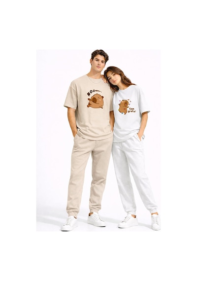 Nevermind Sevgili Kombini Eğlenceli Baskılı Çift Tişört Oversize Unisex Par Bej