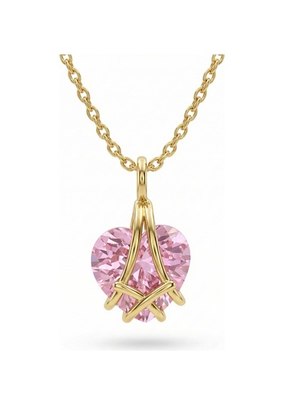 925 Ayar Gümüş Gold Renk Pembe Kuvars Taşlı Kafes Kalp Arkadaşlık Kolyesi Gümüş - Rodyum
