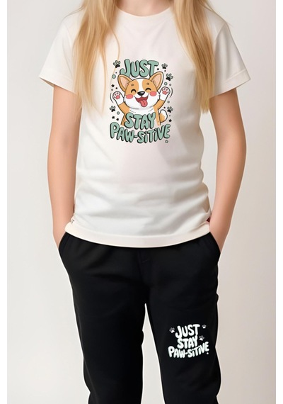 Panios Kids Just Stay Paw Baskılı Kız Çocuk Tişört Ve Eşofman Alt-üst Takım KREM