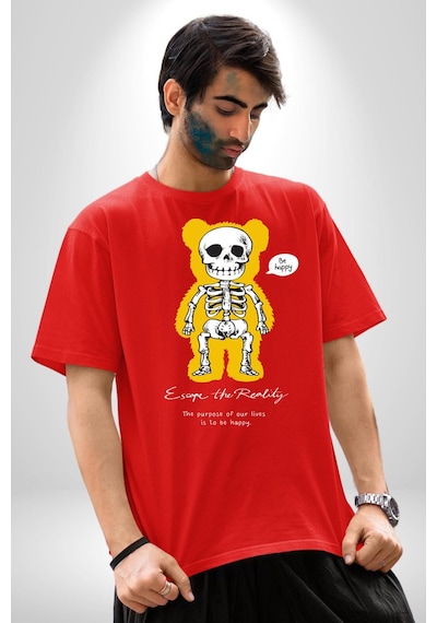 Mutlu Ol Pamuklu Bisiklet Yaka Unisex Oversize Boyfriend Dijital Baskılı Kırmızı T-shirt Kırmızı