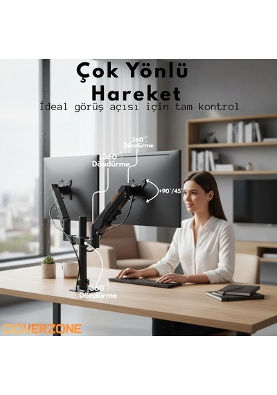17 32 İnç Amortisörlü Çiftli Pivot Monitör Kolu, Gazlı Yaylı, 2 9 Kg, Çift Montaj Seçeneği Sıkıştırma Ve Vidalama, 360 Döner, Vesa Uyumlu Stant, M02, Siyah
