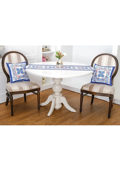 Çini Baskılı Kumaş Kreme Mavi Kırlent Kılıfı 45x45 Cm Ikili - 1436 45 x 45