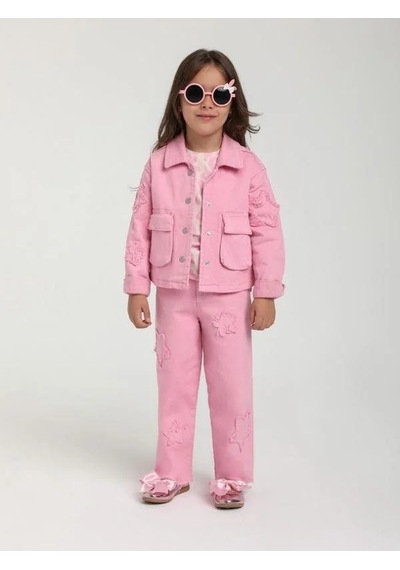 Escabel Kız Çocuk Yıldız İşlemeli Cep Detaylı Tasarım Pembe Kot Ceket-15651 Pembe