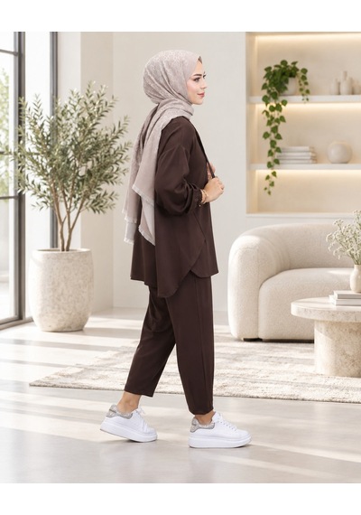 Unika Boutique Kadın Yarım Fermuar Detay İkili Salaş Takım Kahverengi
